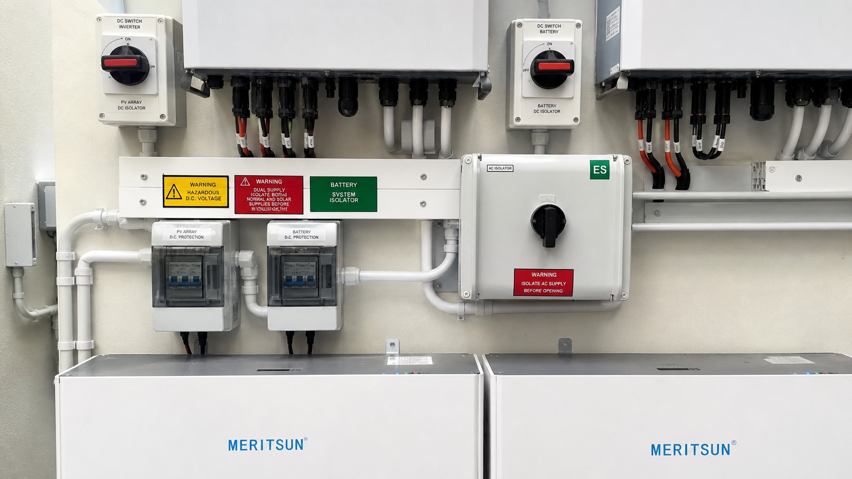 MERITSUN battery storage installation detail with protection devices and clean conduit routing