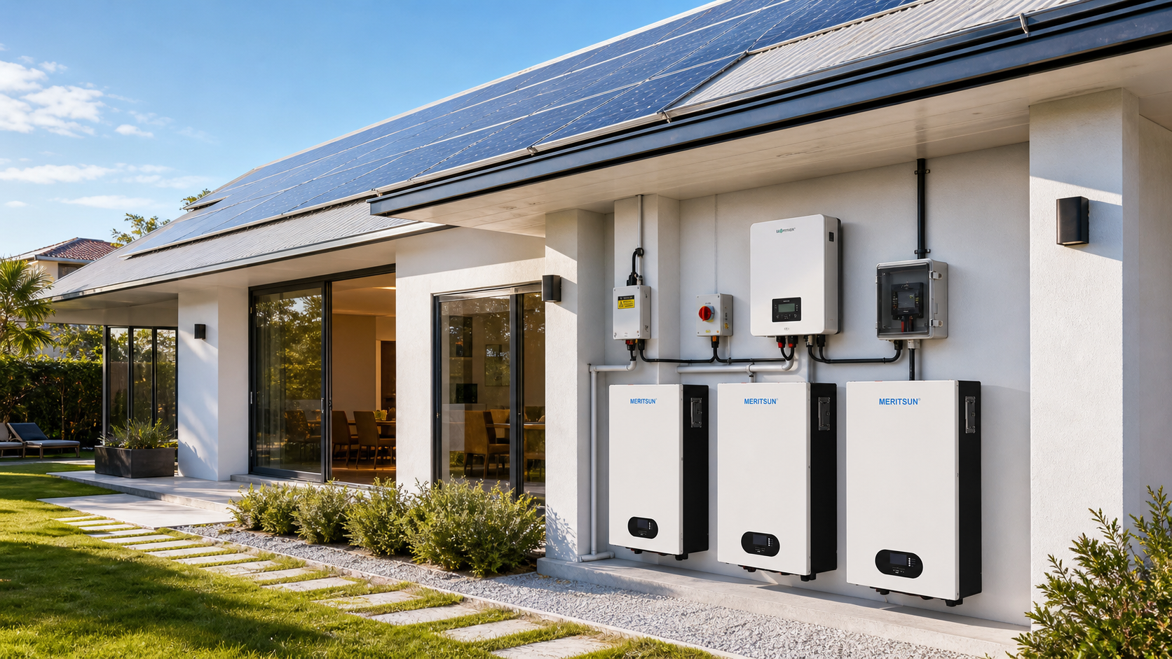 Residential solar home with MERITSUN wall-mounted battery storage system