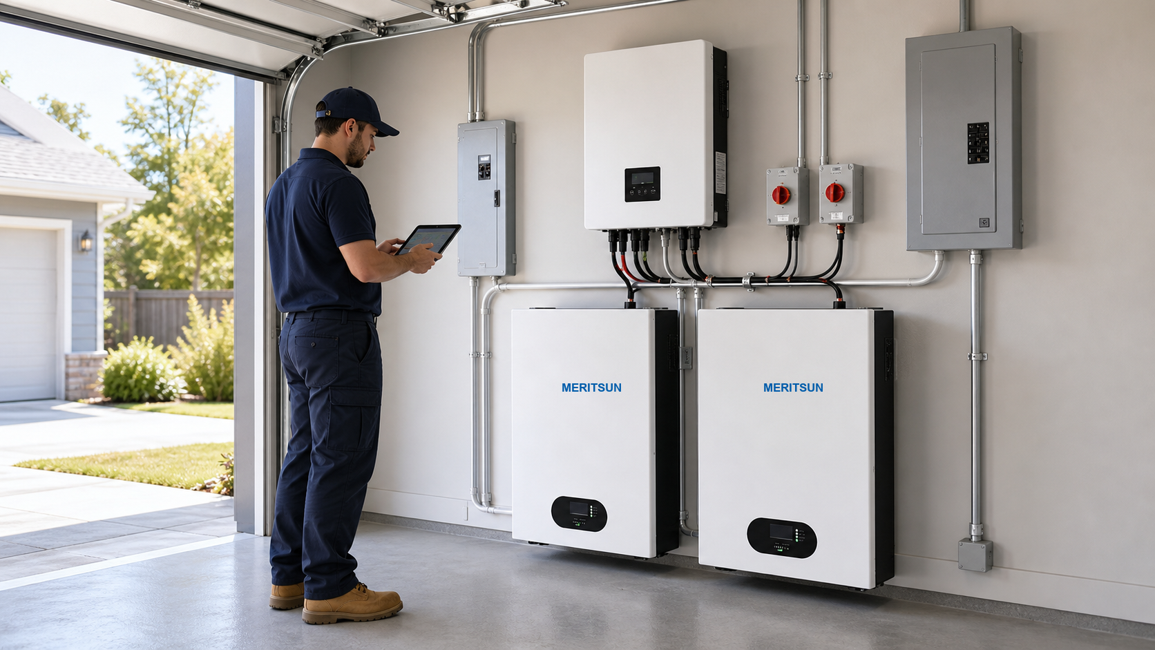 Installer commissioning a MERITSUN 20kWh residential energy storage system