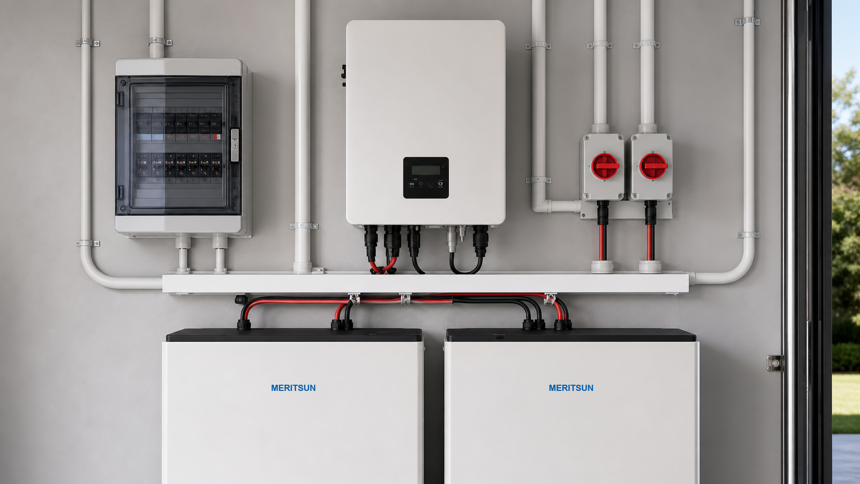 Protection devices and cable routing in a MERITSUN residential battery installation