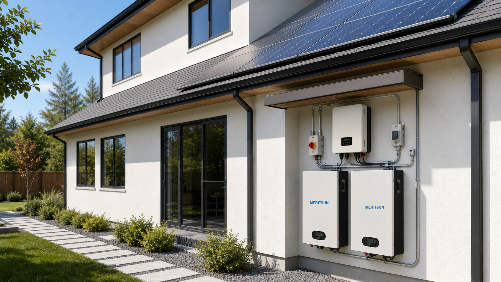 Modern solar home with a sheltered MERITSUN 20kWh battery installation