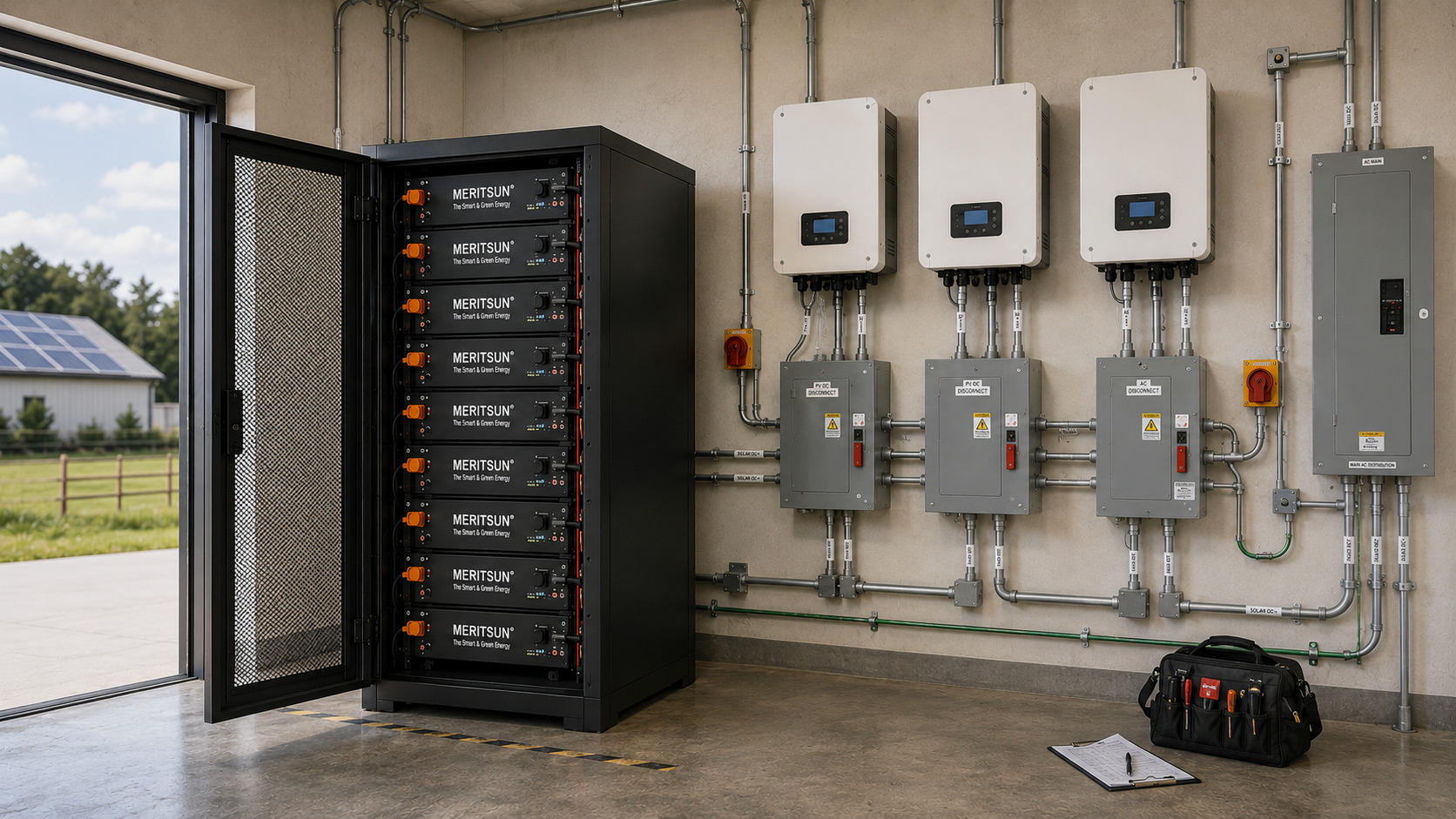 Full MERITSUN 100kWh commercial battery storage layout with inverters and protection equipment