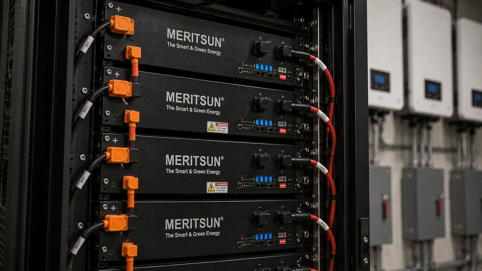 MERITSUN rack-mounted LiFePO4 battery modules with BMS communication and DC wiring detail
