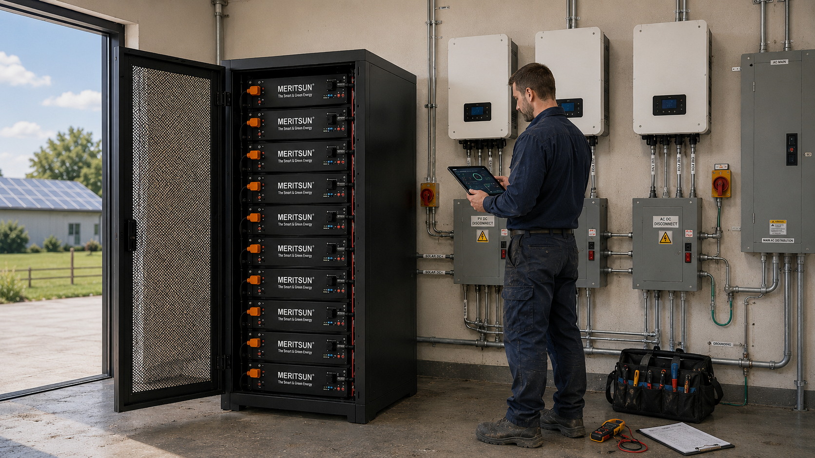 Technician commissioning MERITSUN 100kWh commercial battery storage system with tablet monitoring