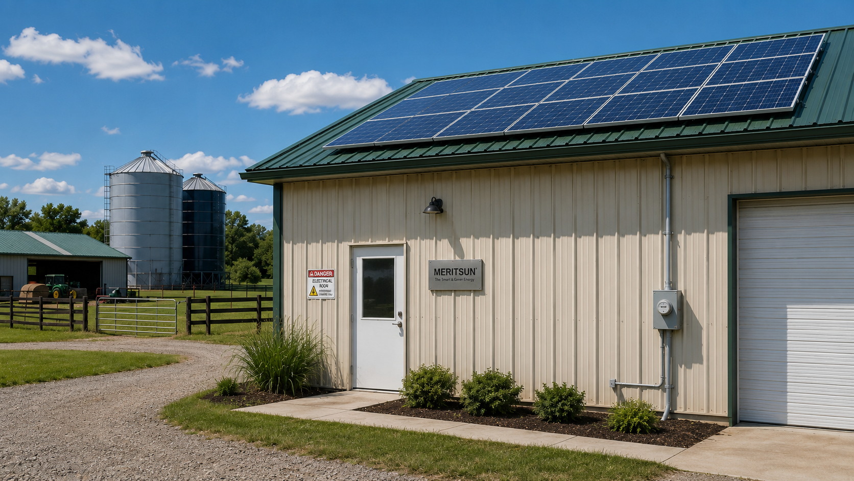 Commercial farm building with rooftop solar panels for battery storage application