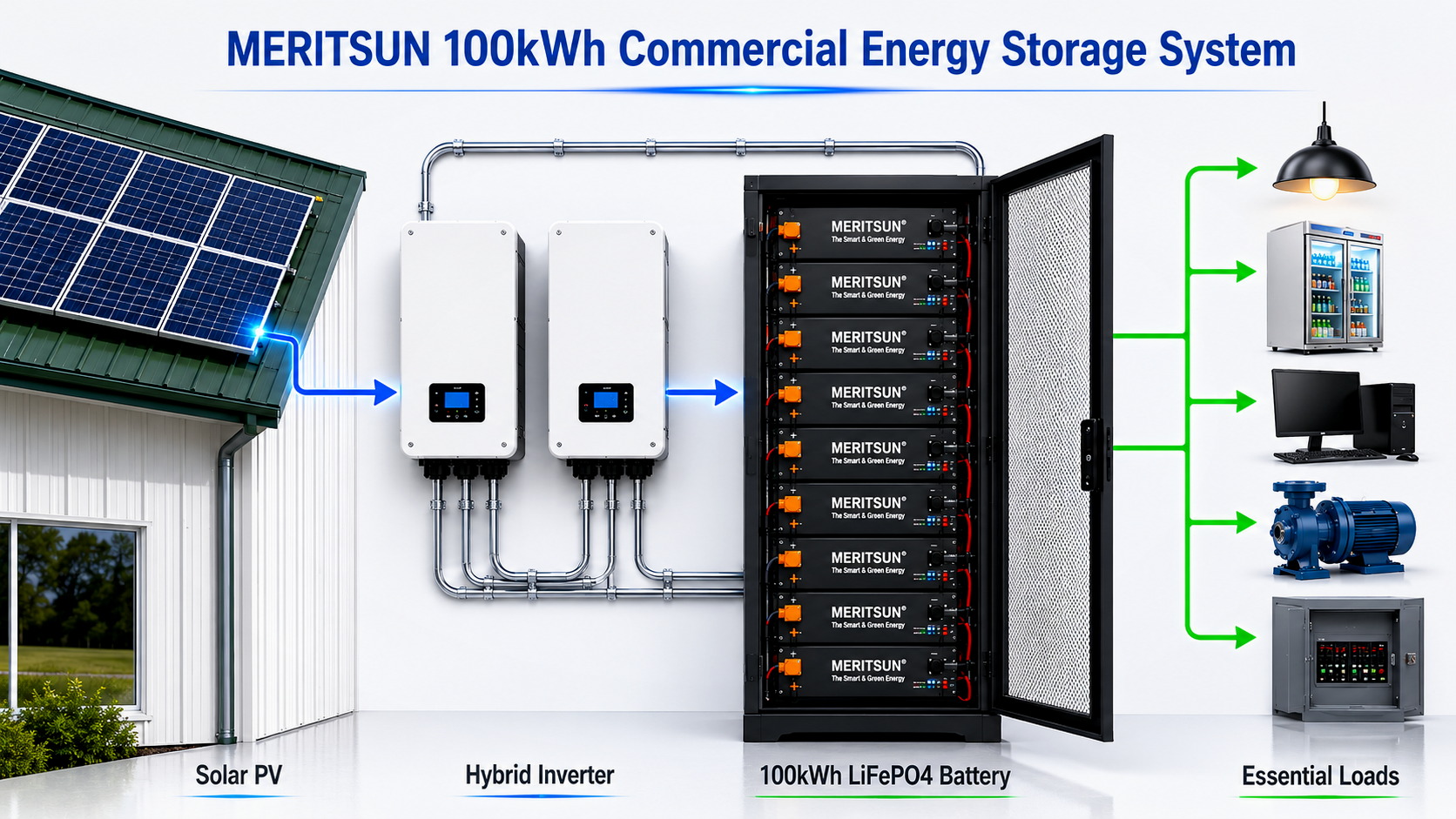 MERITSUN 100kWh commercial energy storage system architecture with solar PV hybrid inverter battery and essential loads