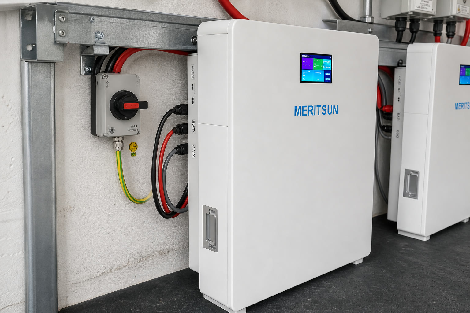Slim side profile, protected cabling and DC isolator on a MERITSUN 10kWh battery installation