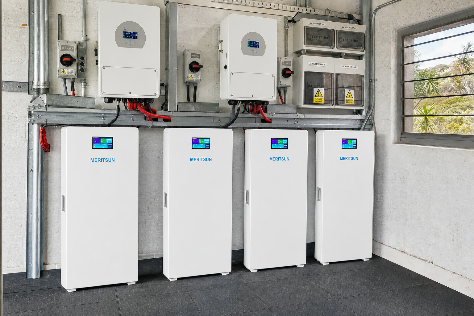 MERITSUN 40kWh ultra-thin home battery installation in a Cape Town guesthouse utility room