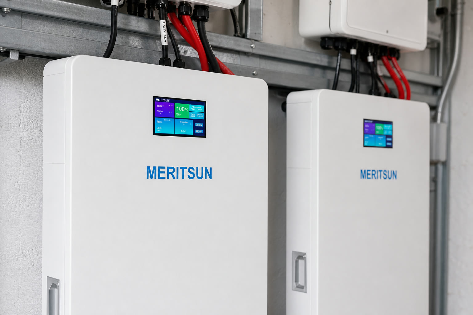 Close-up of illuminated MERITSUN full-color battery touchscreens and smart BMS status