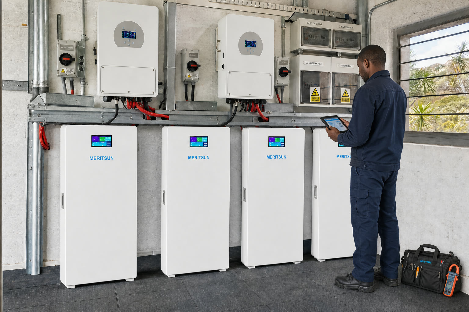 Solar technician commissioning four MERITSUN 10kWh touchscreen batteries in South Africa