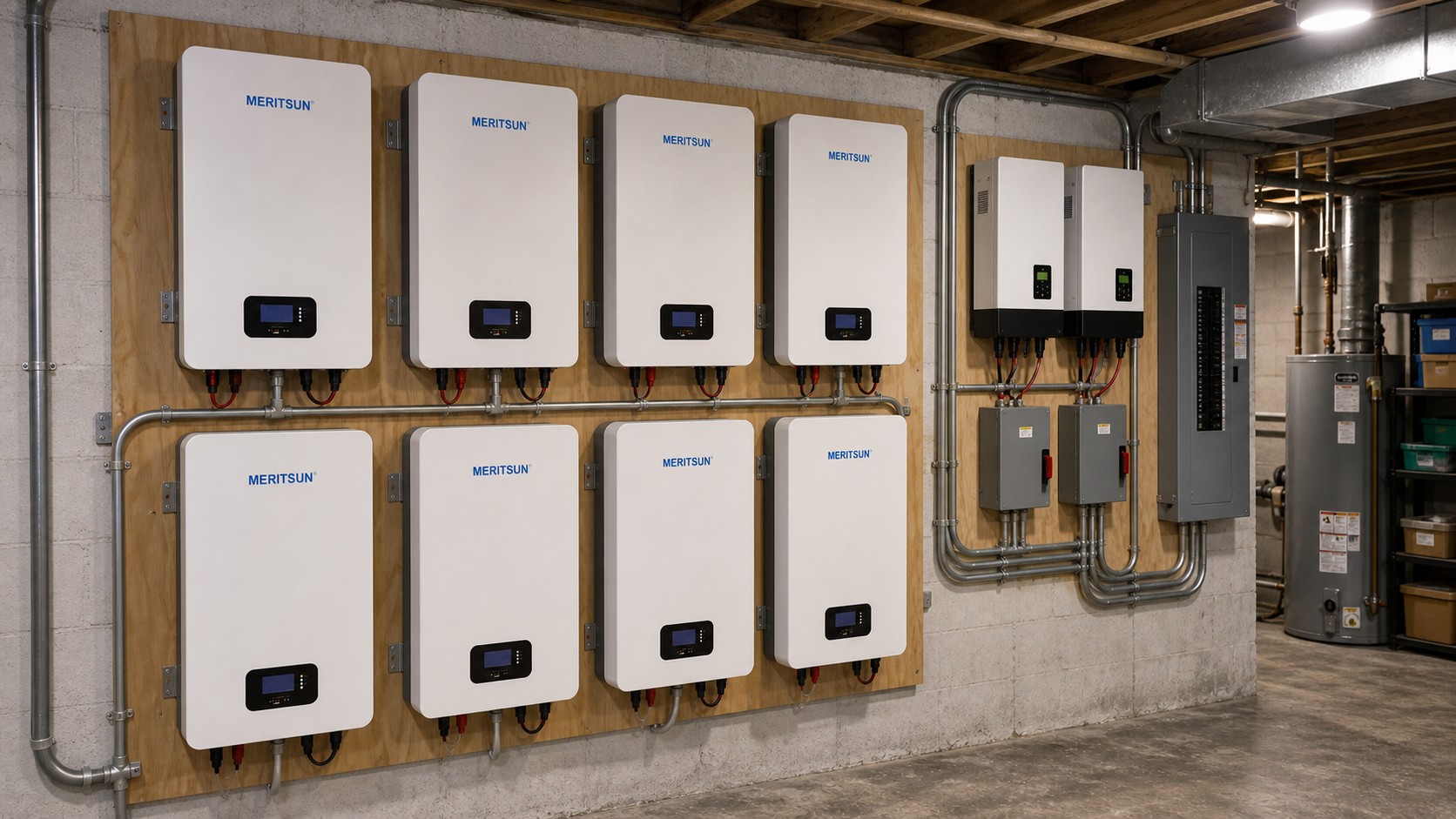 Full wall layout of eight MERITSUN 51.2V 100Ah home batteries with hybrid inverter equipment