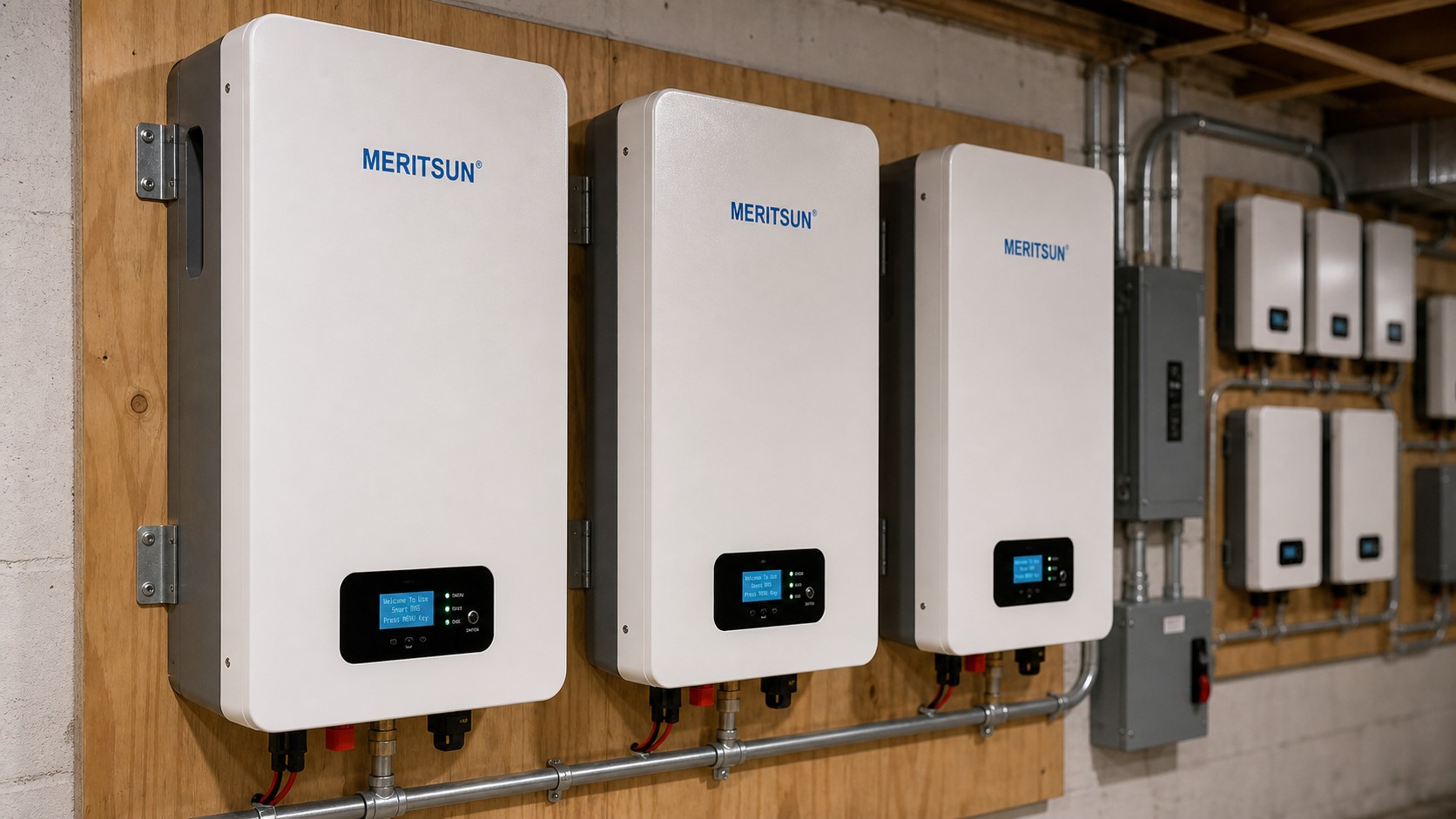 Close view of MERITSUN 51.2V 100Ah wall-mounted LiFePO4 batteries with illuminated LCD screens
