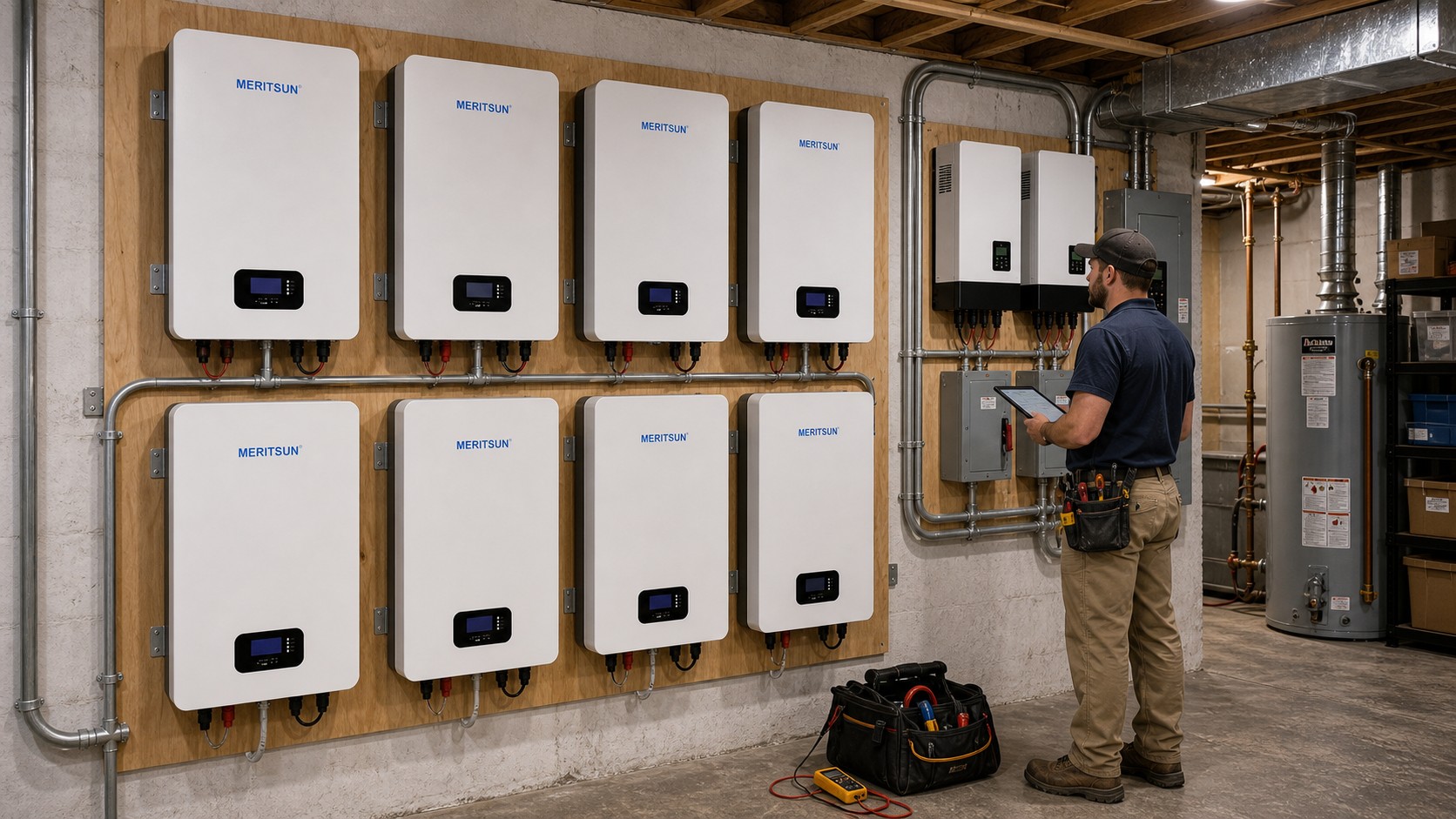 Solar technician commissioning an eight-battery MERITSUN residential energy storage system