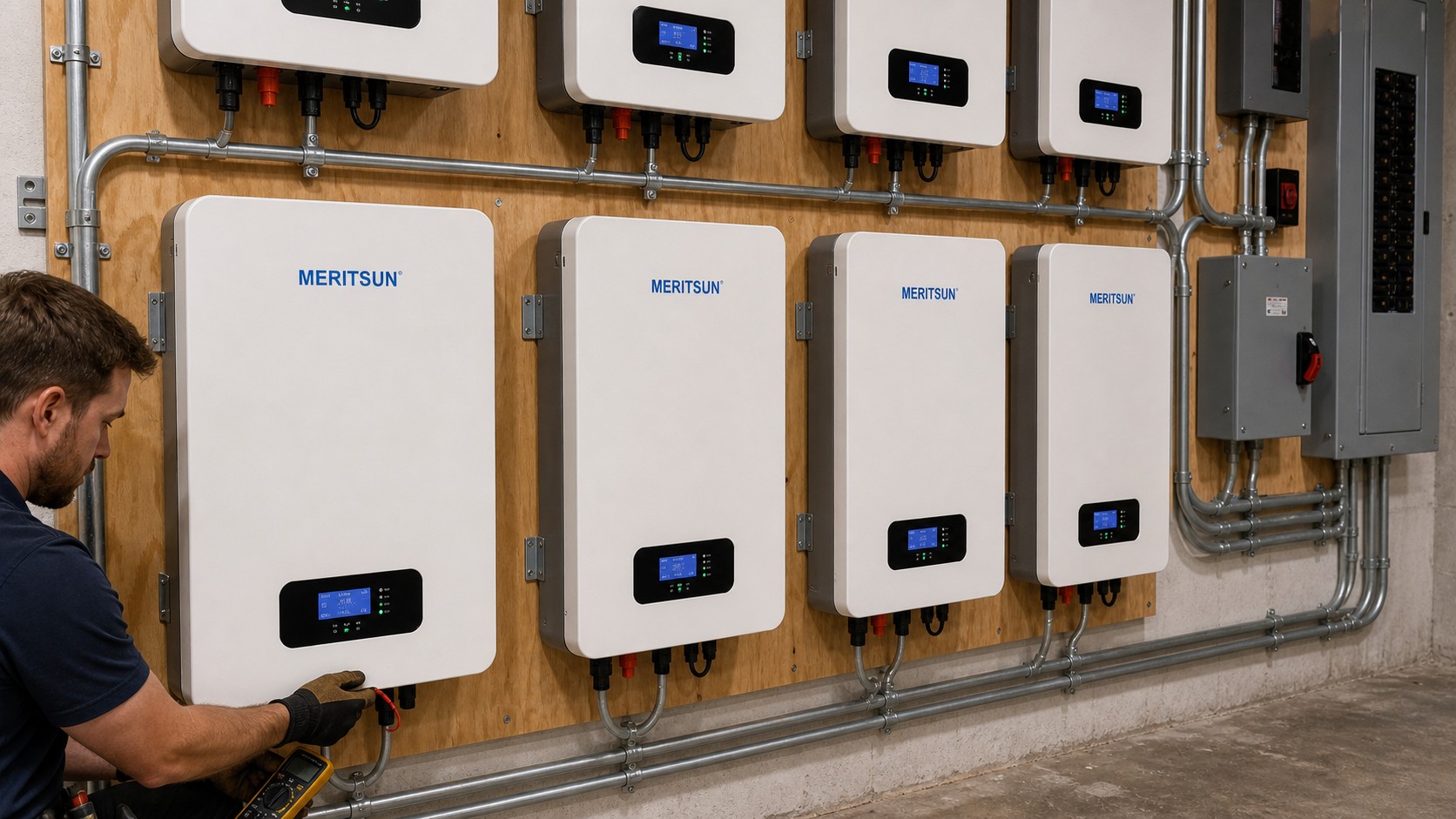 Installer checking MERITSUN home battery terminals and protected cable routing
