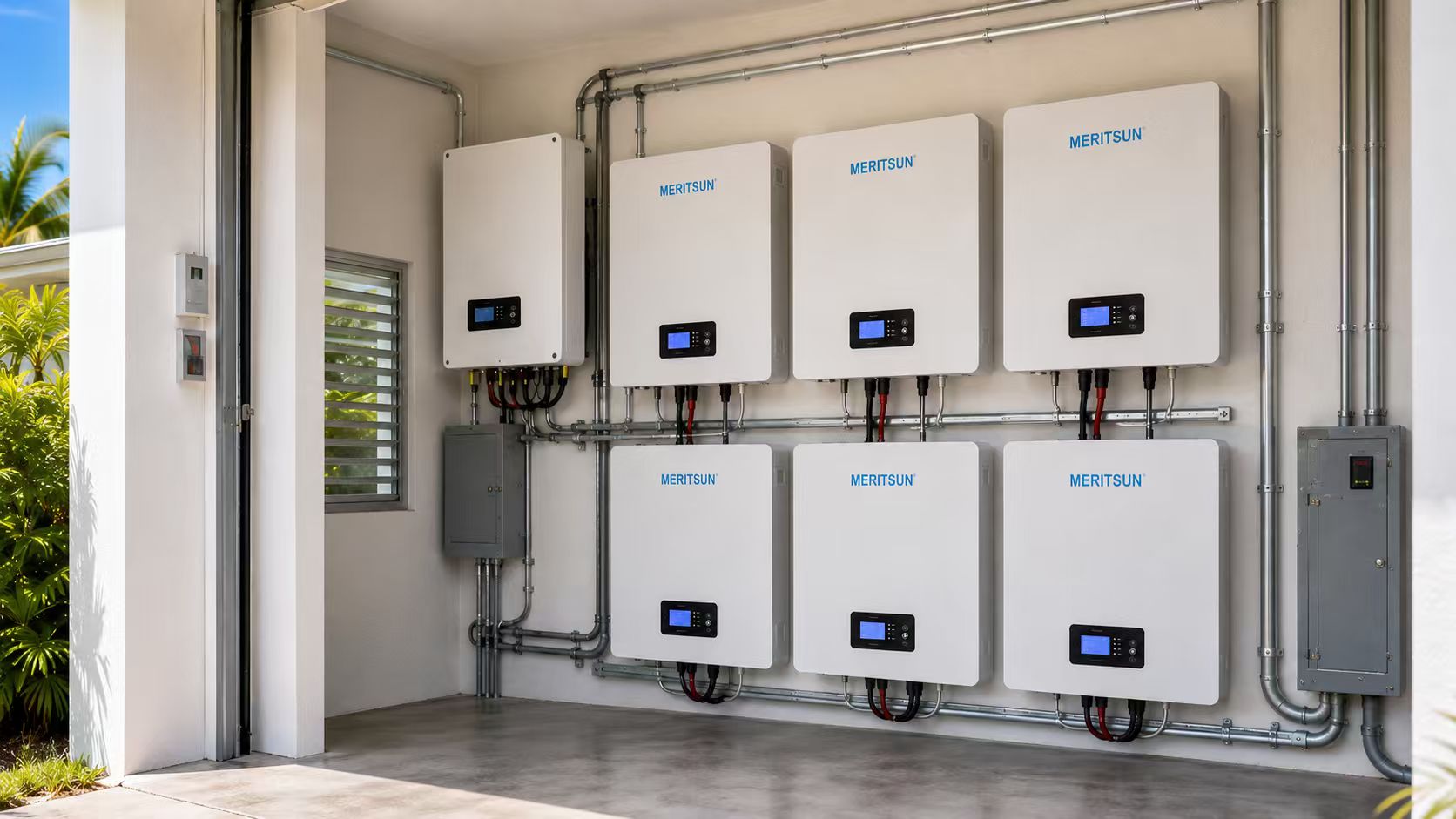 Six MeritSun 10 kWh wall-mounted LiFePO4 batteries installed in Puerto Rico