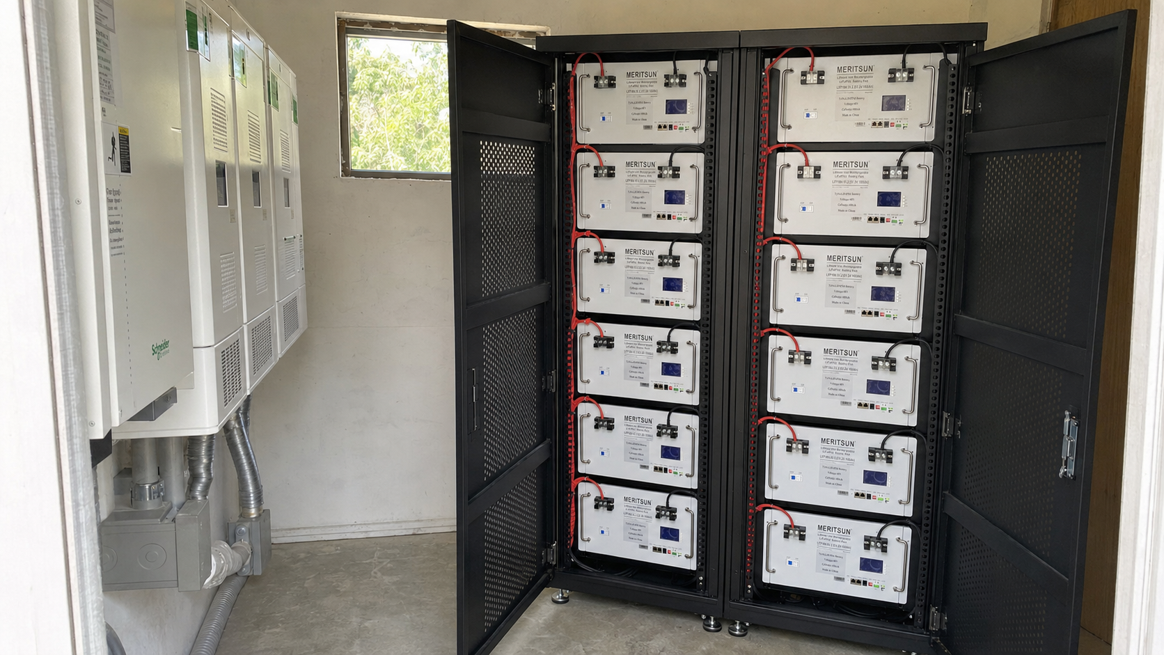 Twelve MERITSUN 51.2 V 100 Ah battery modules installed with Schneider inverter equipment