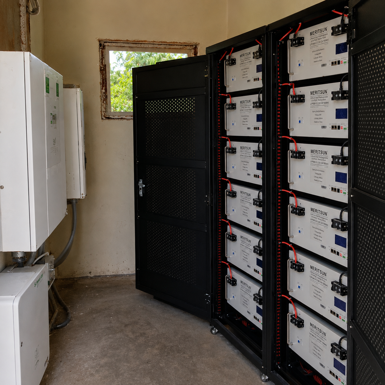 Rack-mounted MERITSUN LiFePO4 battery bank inside ventilated cabinets