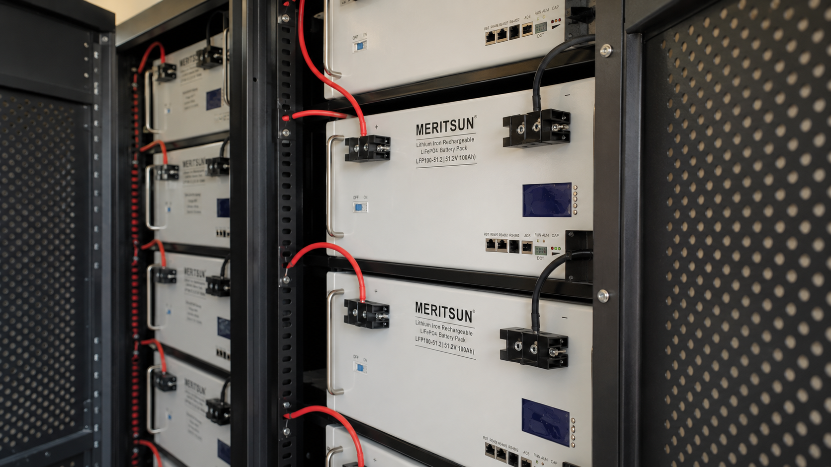 Close-up of MERITSUN LFP100-51.2 battery modules and communication ports