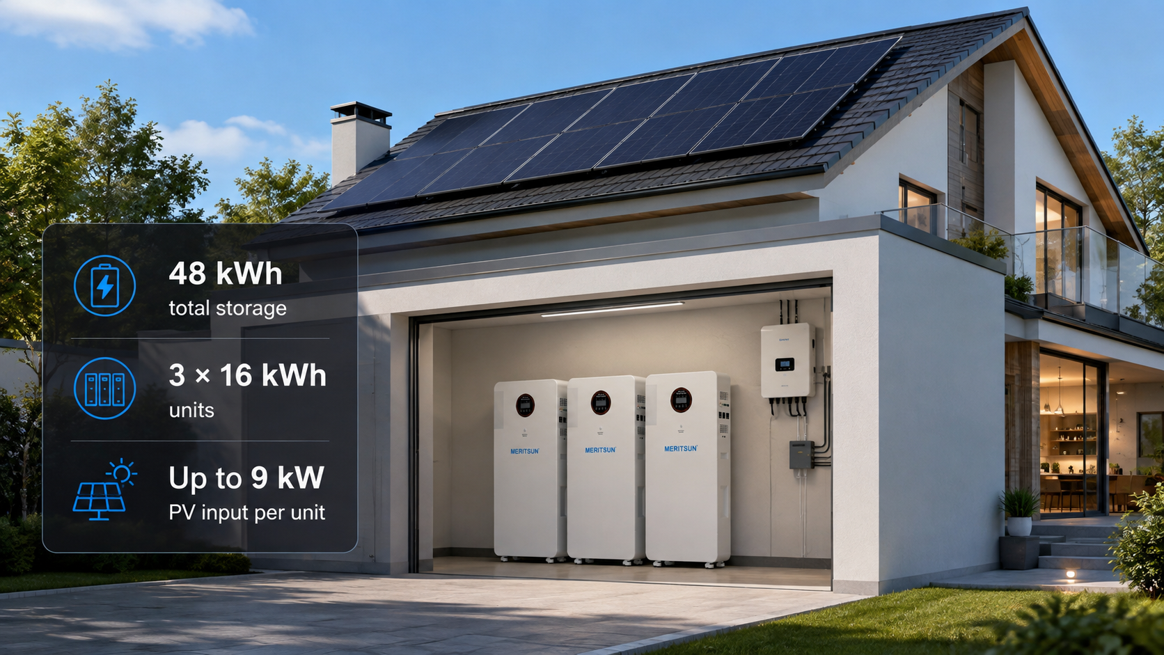 48 kWh residential solar storage system using three 16 kWh MERITSUN units