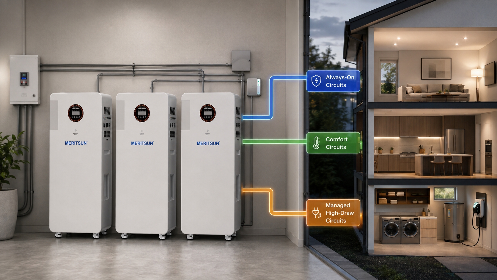 Three MERITSUN MSP-6KW units supplying separate whole-home load groups