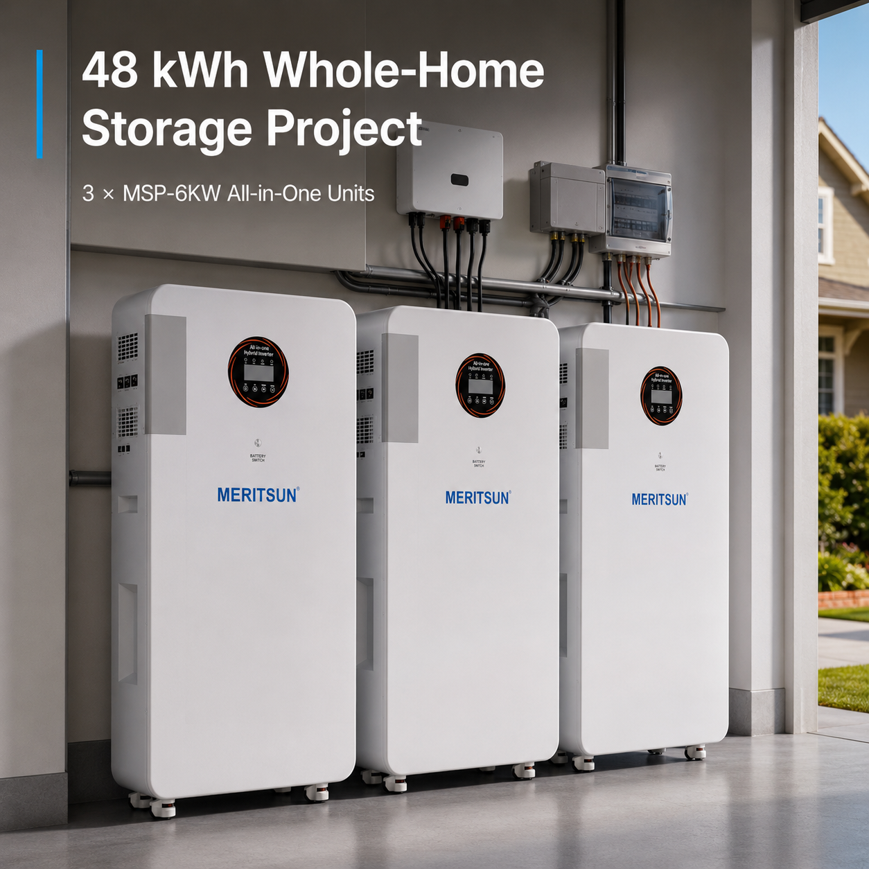 48 kWh MERITSUN whole-home storage project with three MSP-6KW all-in-one units