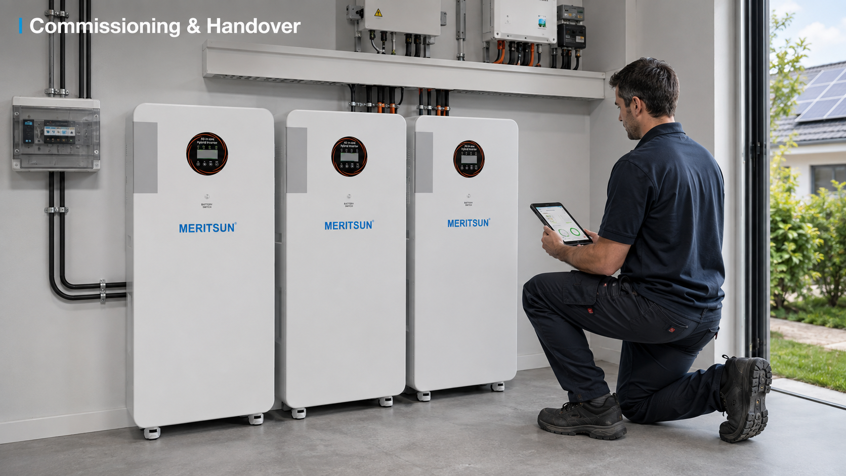 Technician commissioning three MERITSUN whole-home battery storage units