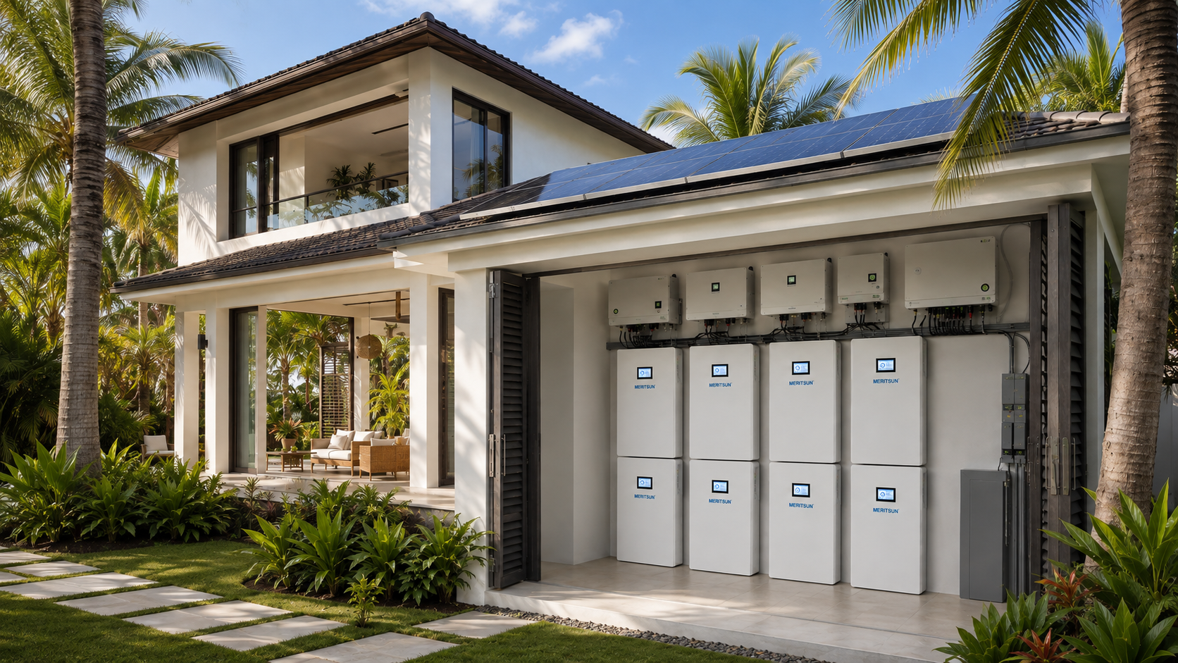 Caribbean residence with a 128 kWh MERITSUN battery system and rooftop solar