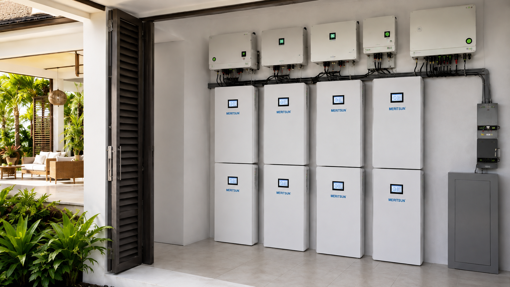 Eight MERITSUN 16 kWh wall-mounted batteries integrated with a Schneider Electric inverter platform