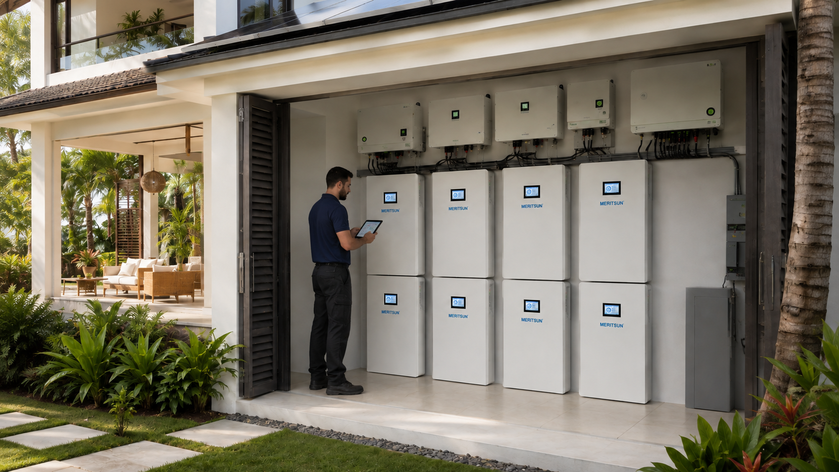 Technician commissioning a Caribbean whole-home solar and battery backup installation