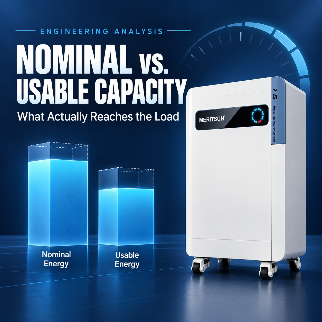 MERITSUN residential battery beside a technical comparison of nominal battery energy and usable energy available to the load.