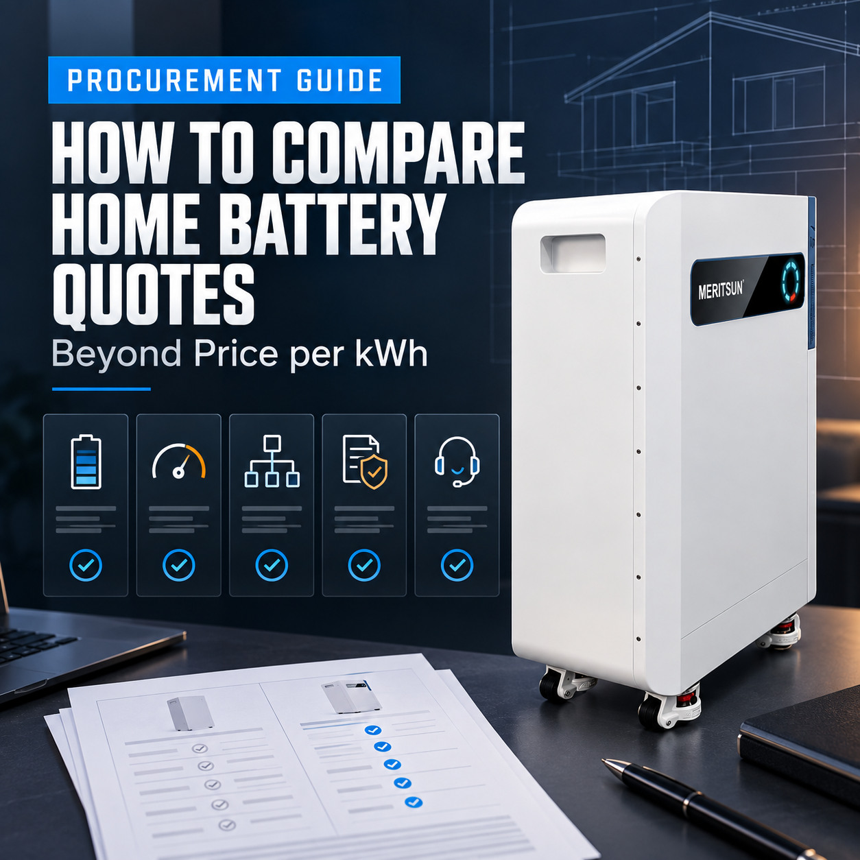 MERITSUN residential battery in a technical procurement setting with a five-part battery quote comparison checklist.