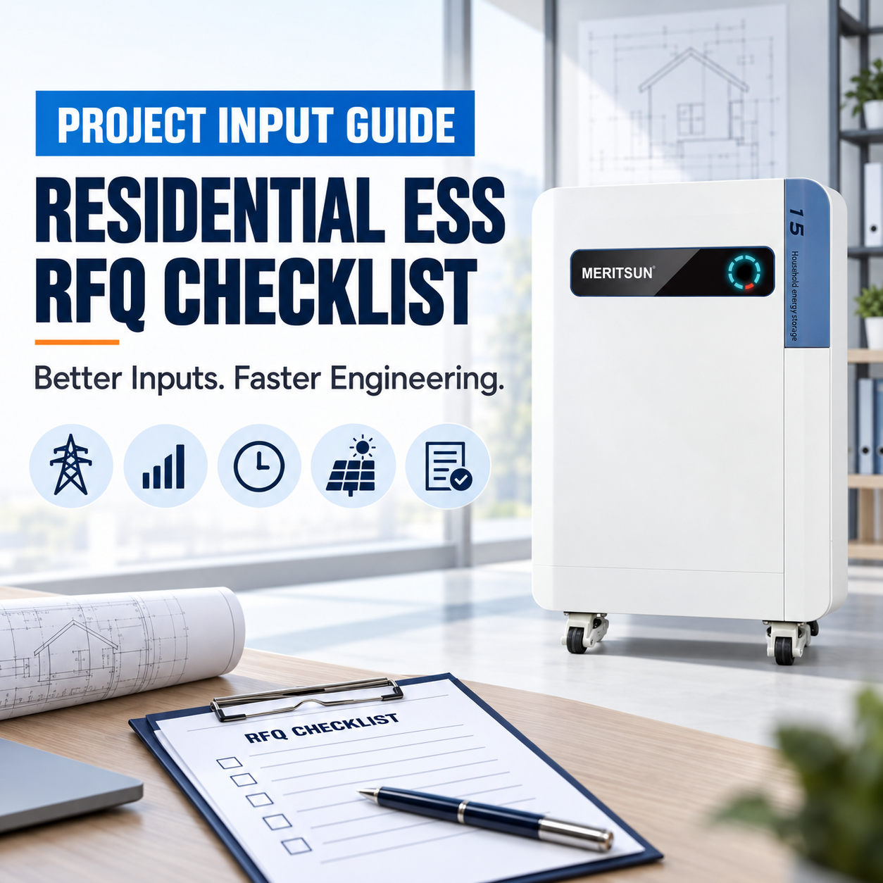 MERITSUN residential battery beside an RFQ checklist representing grid, load profile, backup time, solar inverter and site approval inputs.