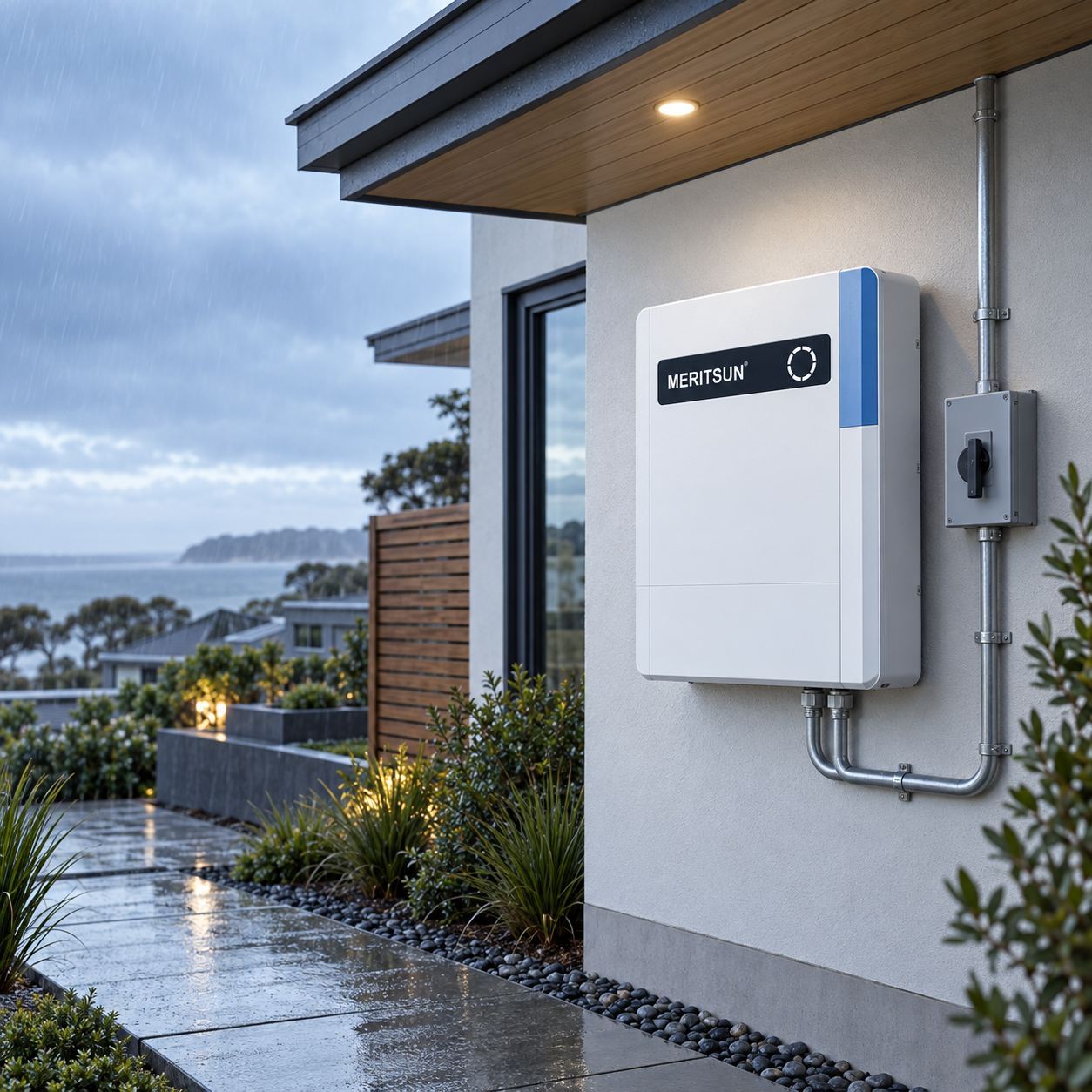 Wall-mounted home battery under an exterior eave with protected conduit, drainage and service clearance