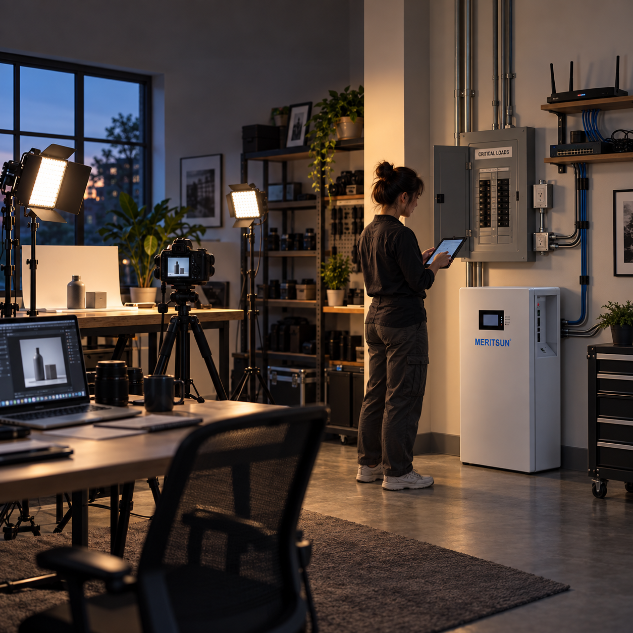 Technician reviewing a critical-load panel beside a battery system in a small photography studio