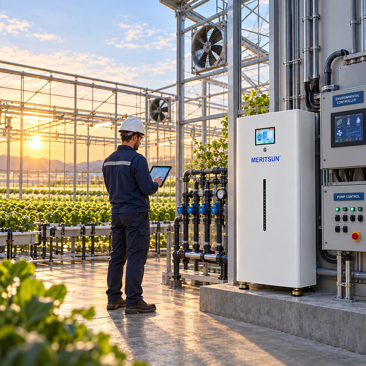 EPC technician reviewing greenhouse environmental controls and irrigation equipment beside a battery system