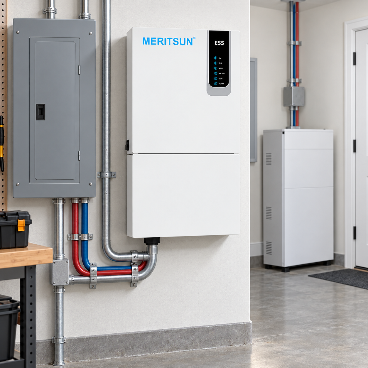 MERITSUN US split-phase hybrid inverter in a North American home energy system
