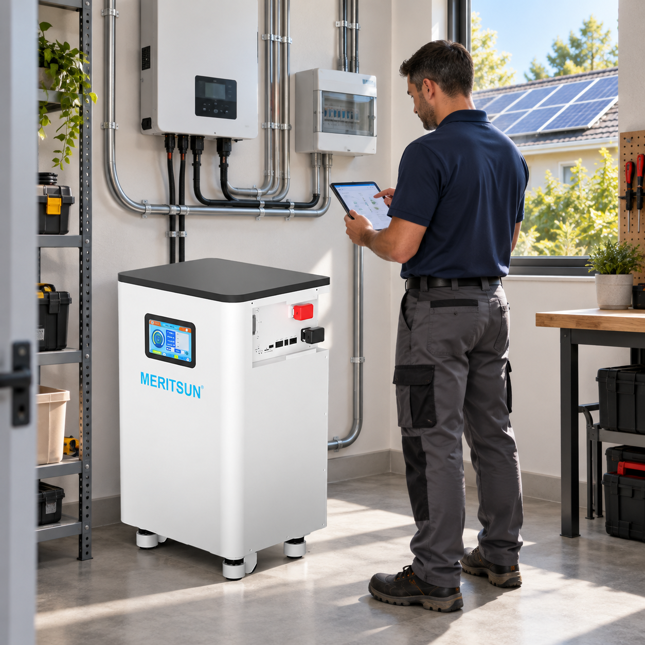 MERITSUN 15kWh ground LiFePO4 battery in a residential solar recharge planning scene