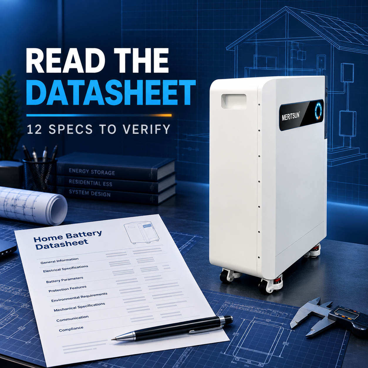 Installer reviewing a MERITSUN home battery datasheet before preparing a residential energy storage quote
