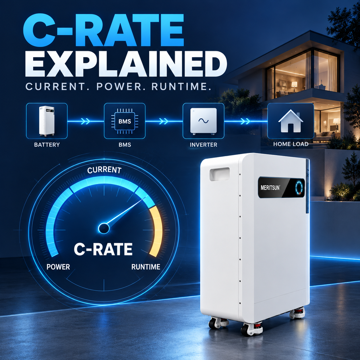 Technical diagram showing how battery C-rate, BMS limits and inverter power affect a MERITSUN home energy storage system