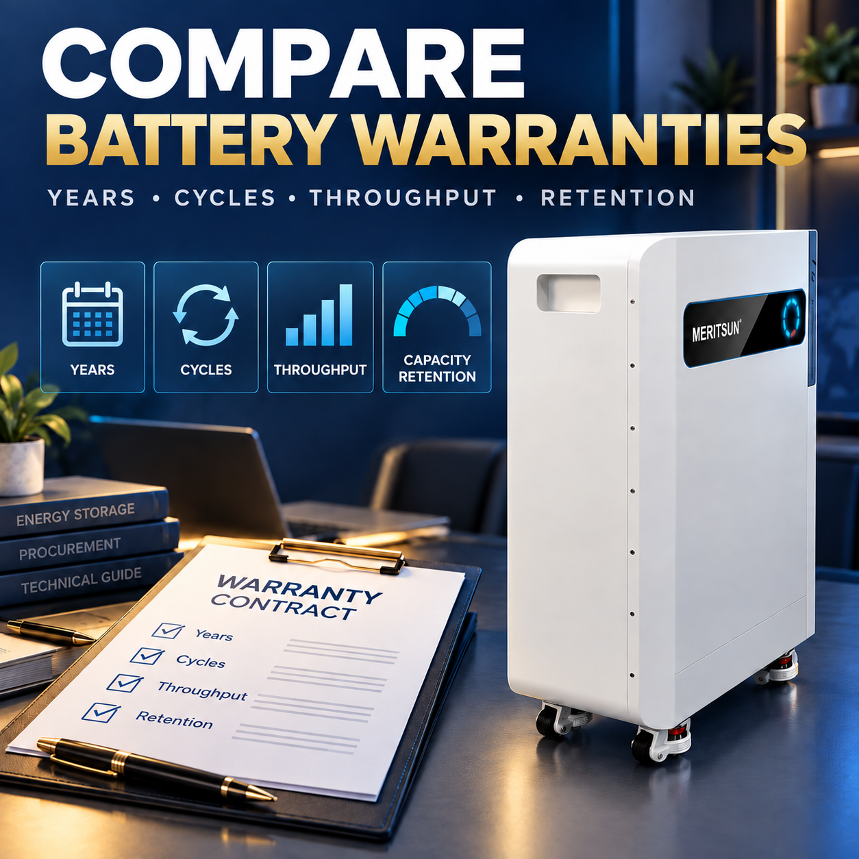 Installer comparing home battery warranty years, cycle limits, energy throughput and capacity retention