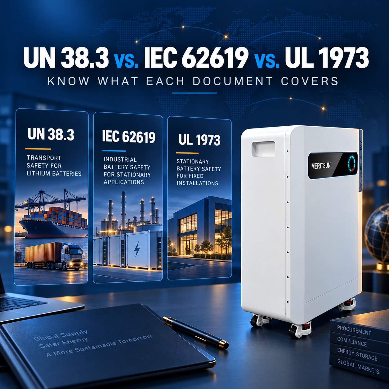 Battery distributor reviewing UN 38.3, IEC 62619 and UL 1973 document scopes for a home energy storage product