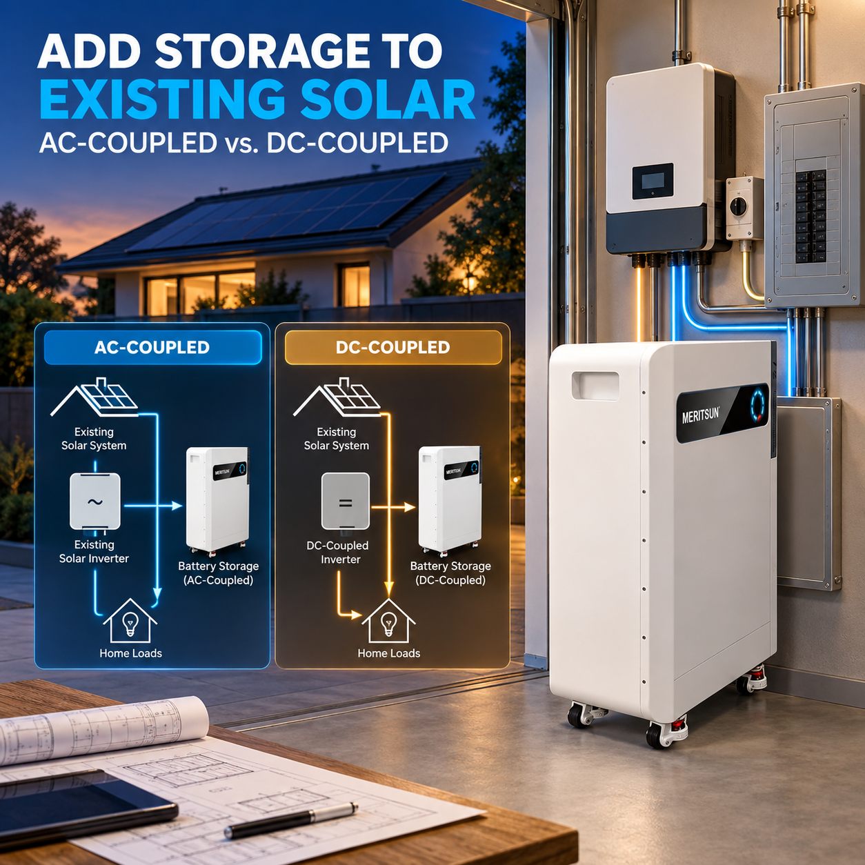 Installer evaluating an AC-coupled or DC-coupled battery retrofit for an existing rooftop solar system