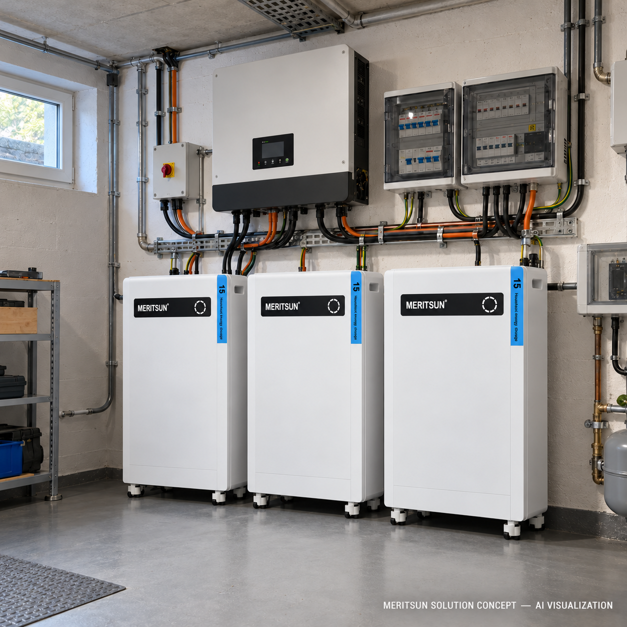 MERITSUN solution concept showing three 15.36 kWh LiFePO4 batteries in a European residential utility room