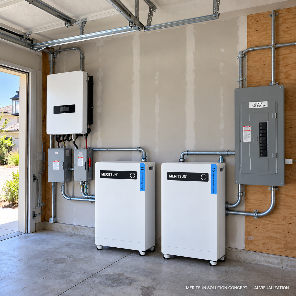 MERITSUN solution concept showing two 15.36 kWh LiFePO4 batteries beside a U.S. home backup-load center