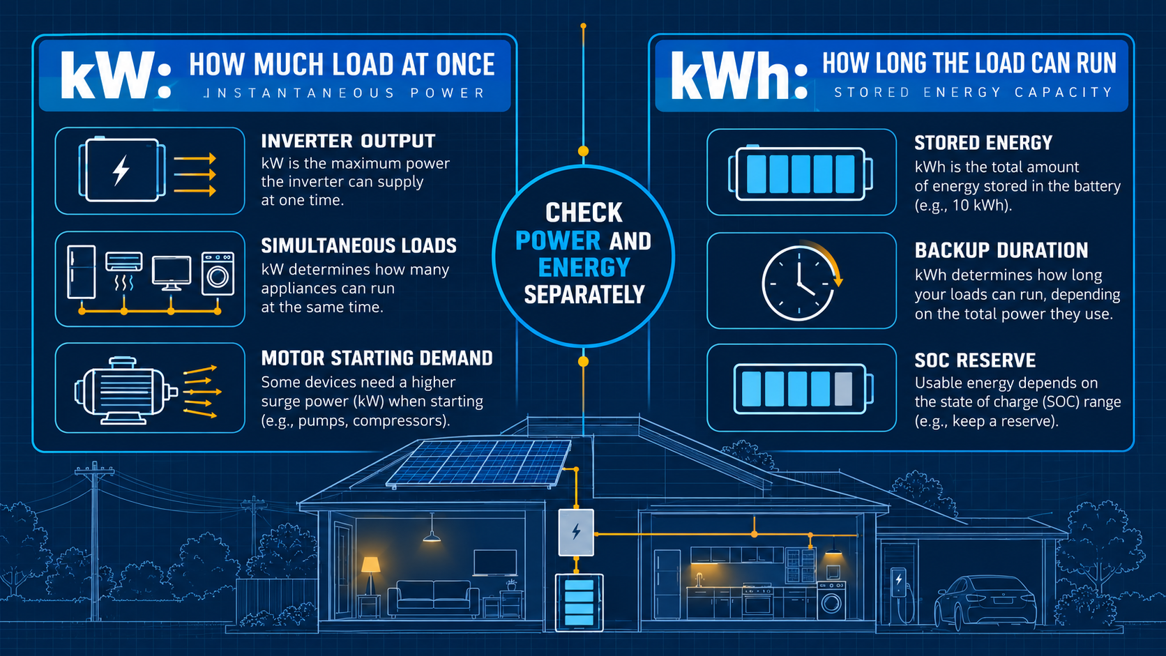 Diagram explaining the difference between battery capacity in kWh and inverter output in kW