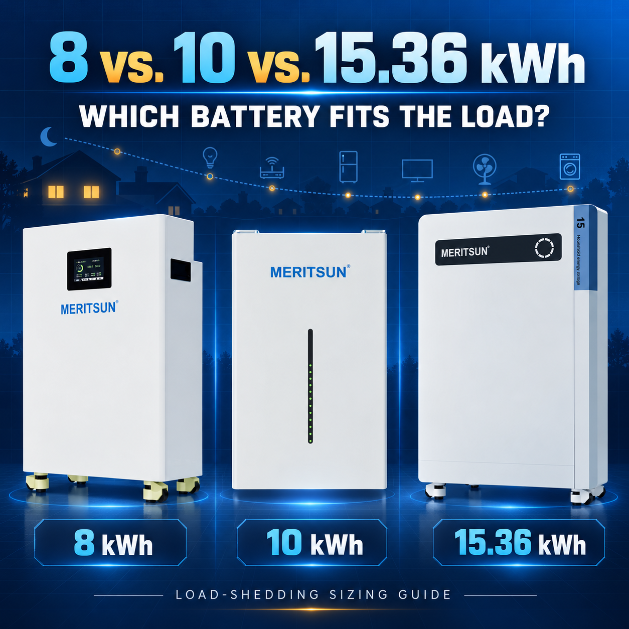 MERITSUN 8 kWh, 10 kWh and 15.36 kWh home batteries compared for residential load-shedding projects