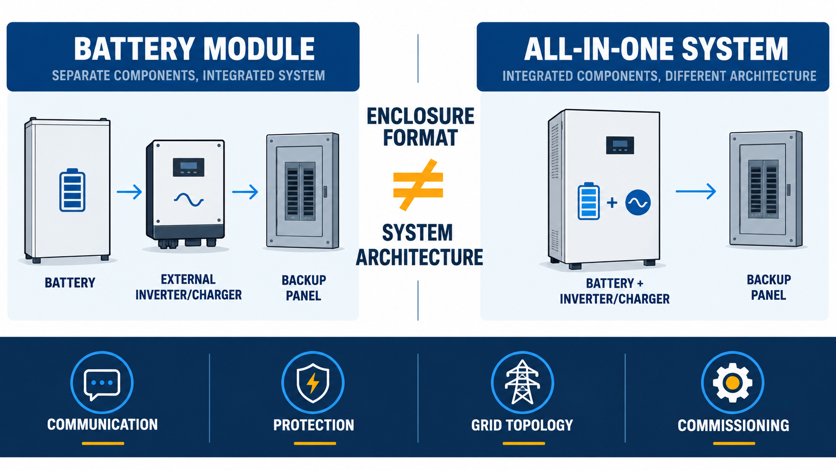 Diagram comparing a separate battery module architecture with an all-in-one home energy storage system