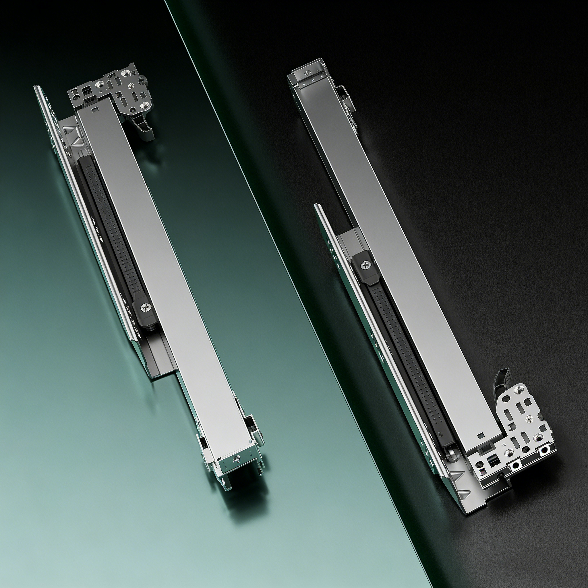 Cross-section of 5D ultra-slim aluminum curtain track showing heavy-duty rollers.