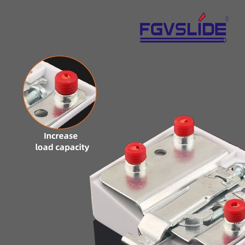 Detailed view of two parallel heavy-duty cabinet hangers with depth adjustment screws and four red anti-slip rollers, including a visual of the compatible wall mounting plates.