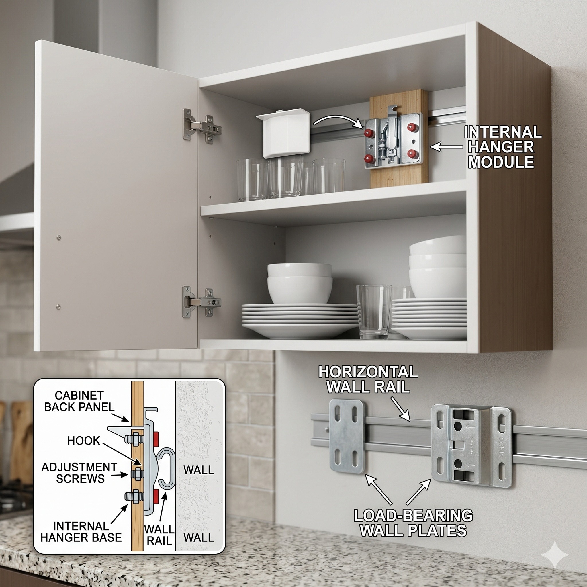Close-up of a secure-lock mechanism on a high-grade export quality cabinet hanger, with internal components, including a hook and anti-drop features.